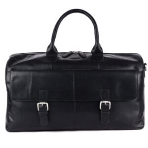 Black premium leather travel bag with dual handles and front buckle flap