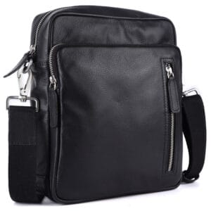 Black leather crossbody bag with dual zipper compartments made by expert bag manufacturers