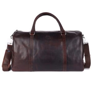 Dark brown duffle bag made from good leather with dual handles and shoulder strap