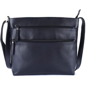 Black leather crossbody bag with dual front zipper pockets by a premium leather company