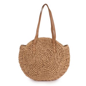 Round woven custom jute tote bag with leather handles in a spiral weave pattern