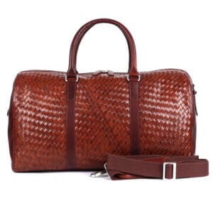 Handcrafted woven leather travel bag with detachable shoulder strap by leather bags suppliers