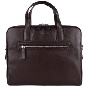 Sleek black leather laptop bag with dual handles from a luxury leather goods brand