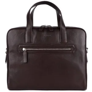 Sleek black leather laptop bag with dual handles from a luxury leather goods brand