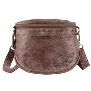 Vintage-style brown leather pouch handbag with zipper closure and adjustable strap