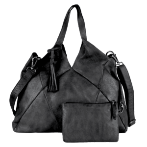 Premium Leather Hobo Bag in Classic Black with Detachable Pouch and Tassel Detail