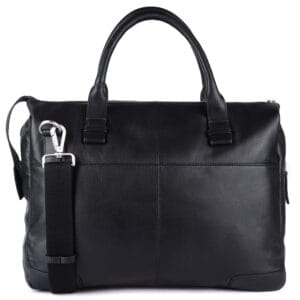 Sleek black leather office bag with dual handles and shoulder strap from a top leather brand