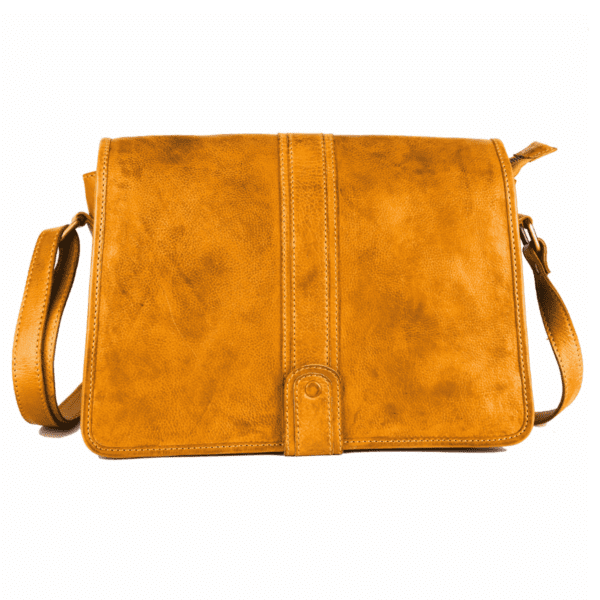 Front view of tan leather crossbody bag with flap closure by leather goods manufacturer in India.