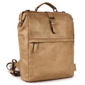 Tan leather backpack with top handle, front zipper pocket, and buckle detail, crafted by India bag manufacturers for global leather goods export from India.