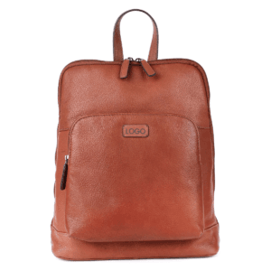 Tan leather backpack with zipper front pocket and top handle, suitable for wholesale buyers.