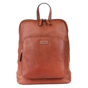 Tan leather backpack with zipper front pocket and top handle, suitable for wholesale buyers.