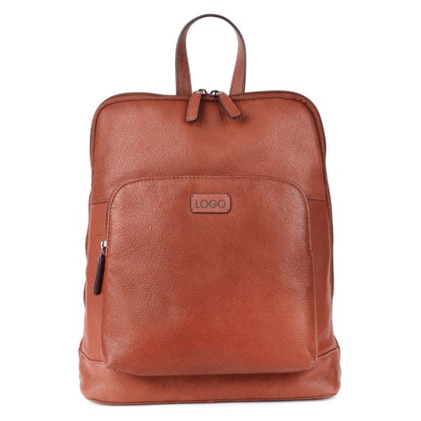 Tan leather backpack with zipper front pocket and top handle, suitable for wholesale buyers.