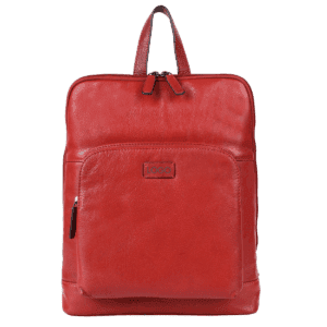 A vibrant red leather backpack handcrafted for customisation, made from premium full-grain leather, featuring a structured silhouette and durable hardware.
