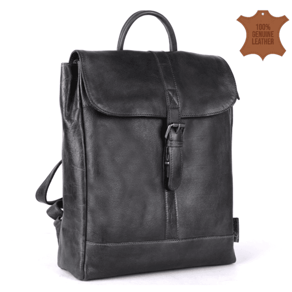 Front angled view of a black genuine leather backpack with buckle flap closure, crafted by leather goods manufacturer in India