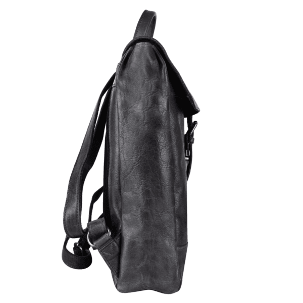 Side view of a black leather backpack with sleek finish and adjustable straps by leather goods manufacturer in India