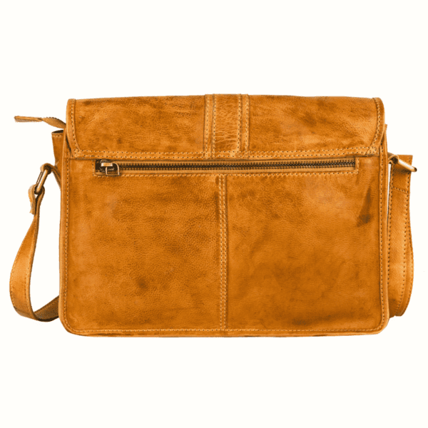 Back view of tan leather crossbody bag with zipper pocket by leather goods manufacturer in India.
