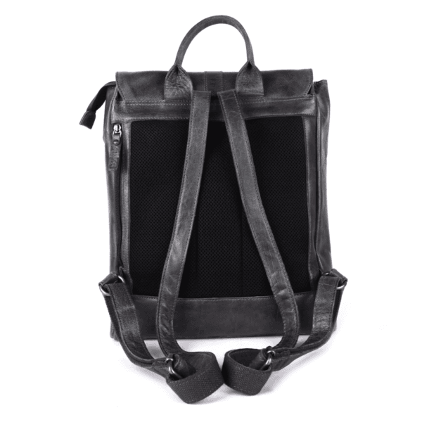 Back view of a black leather backpack with padded mesh panel and adjustable shoulder straps by leather goods manufacturer in India