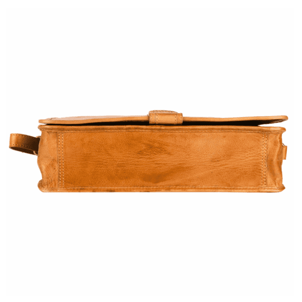 Side view of a handcrafted tan leather bag by leather goods manufacturer in India.