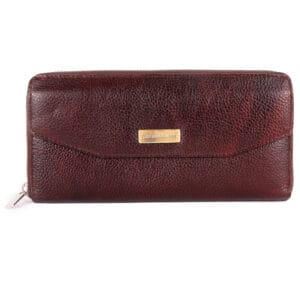 Elegant maroon leather women wallet with zip closure and textured finish