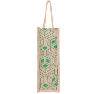 Slim jute water bottle bag with green geometric print and cotton handles