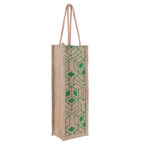 Eco Jute Water Bottle Bag – Geometric Green Print Edition - Image 2