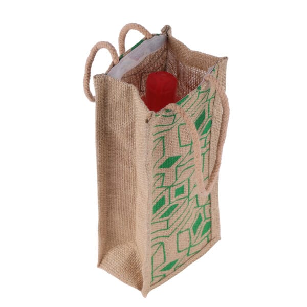 Eco Jute Water Bottle Bag – Geometric Green Print Edition - Image 3