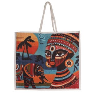 Colorful ethnic-themed jute bag featuring tribal woman and elephant artwork, made by a jute bags factory in India