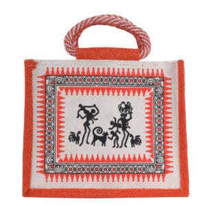 Traditional Indian-style jute cotton bag with tribal Warli art and orange borders
