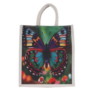 Colorful butterfly print on eco-friendly jute bag with natural jute handle from jute bags suppliers, WildWoodNest.