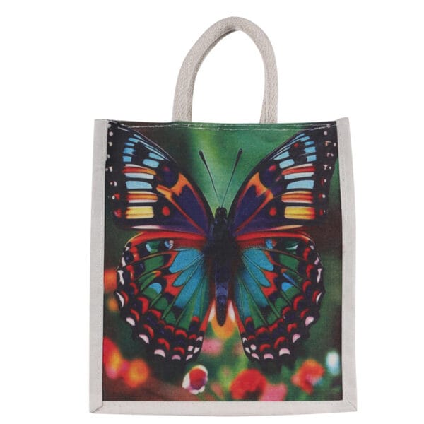 Colorful butterfly print on eco-friendly jute bag with natural jute handle from jute bags suppliers, WildWoodNest.