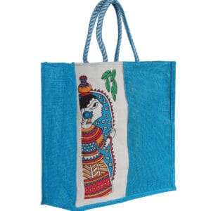Blue jute bags manufacturer in India with traditional art prints and dual braided handles.