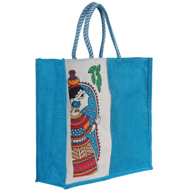 Blue jute bags manufacturer in India with traditional art prints and dual braided handles.