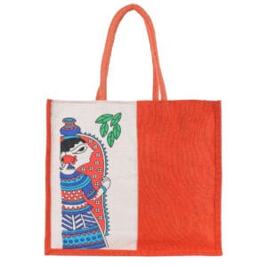 Orange and white jute bags for gifts with traditional Indian folk art print on the front