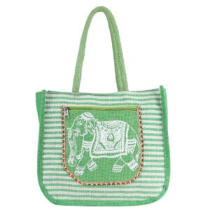 Green striped jute bag from India with traditional white elephant print on front pocket