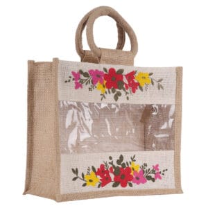 Transparent floral-printed jute product with clear front window and short handles