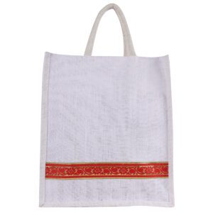 White jute bag with red and gold ethnic border and short fabric handles