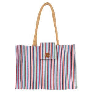 Striped cotton shopping bag with multicolor vertical lines and wooden button flap closure