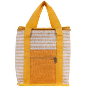 Front view of a striped yellow jute bag with a front zip pocket and dual handles