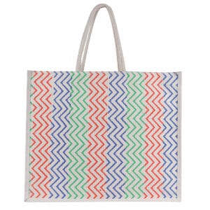 Colorful zigzag pattern eco-friendly jute bag with white handles