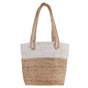 Handwoven natural and white jute tote bag made by expert Kolkata bag manufacturers