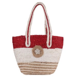 Handmade tri-color jute tote bag with crochet flower and dual handles – a custom handbag for everyday use