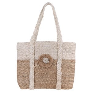 Custom handmade handbag in jute with braided handles and flower detail