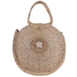 Round jute handbag with crochet flower detail, inspired by Italian bag craftsmanship