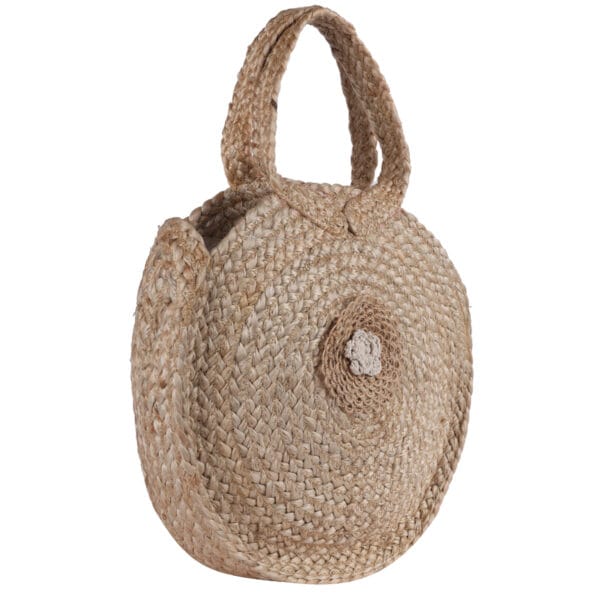 Handmade Round Jute Tote Bag with Crochet Flower Accent - Image 2