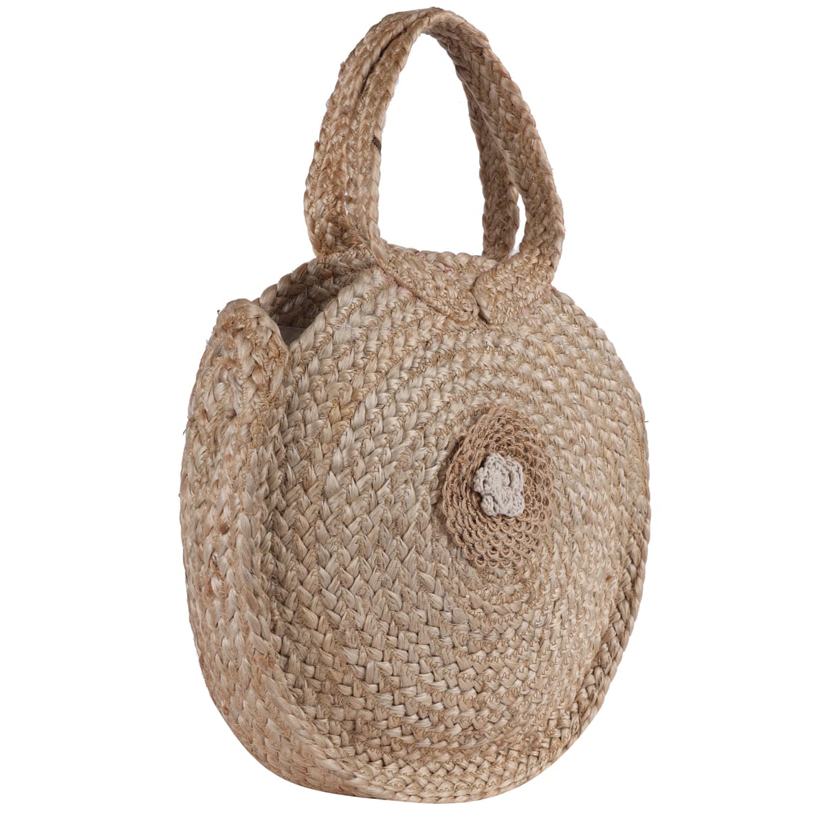 Handmade Round Jute Tote Bag with Crochet Flower Accent - Image 2