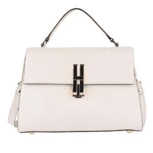 Ivory white structured leather handbag with black-gold metal clasp and top handle.