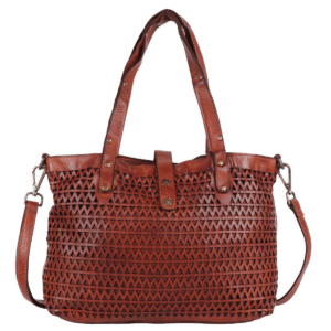 Rich tan leather tote bag with triangle cutwork design, shoulder handles, and detachable sling strap