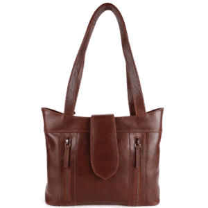 Chestnut brown leather shoulder bag for women with double front zip pockets and top flap closure