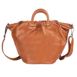 Tan slouchy leather handbag with round short handle and detachable sling strap