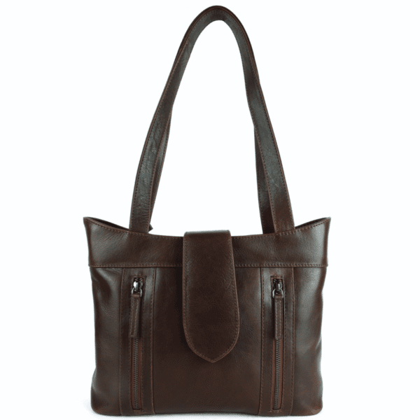 Brown genuine leather women's shoulder bag with dual zipper pockets and flap closure